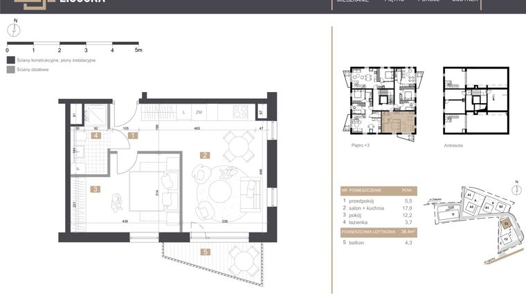Rzut - Mieszkanie na sprzedaż 2 pokoje o powierzchni 38,4 m² - numer C1_M7 w Stacja Ligocka