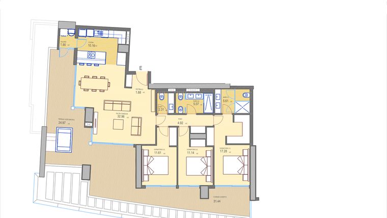 Rzut - Mieszkanie na sprzedaż 3 pokoje o powierzchni 160,95 m² - numer 34-E w Mieszkania w Benidorm - 35824689