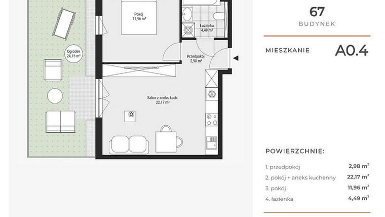 Rzut - Mieszkanie na sprzedaż 2 pokoje o powierzchni 41,6 m² - numer A0.4 w Enklawa Bukowa
