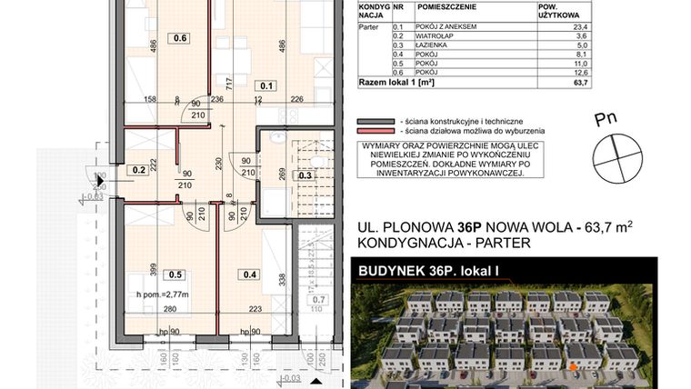 Rzut - Mieszkanie na sprzedaż 4 pokoje o powierzchni 63,7 m² - numer 36P/1 w Zespół willowy Zielona Polana - etap 6