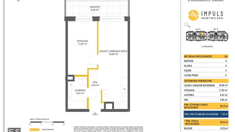 Rzut - Mieszkanie na sprzedaż 2 pokoje o powierzchni 40,54 m² - numer A/34 w Impuls Marywilska