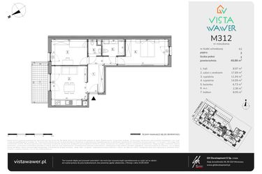 Rzut - Mieszkanie na sprzedaż 3 pokoje o powierzchni 60,88 m² - numer M312 w Vista Wawer