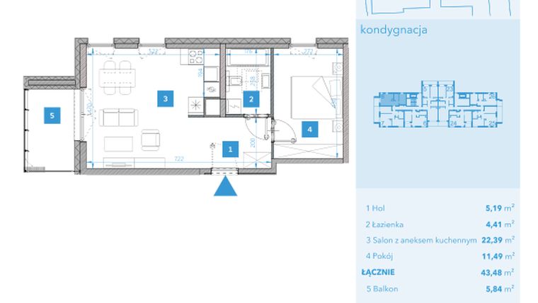 Rzut - Mieszkanie na sprzedaż 2 pokoje o powierzchni 43,48 m² - numer 8 w Apartamenty Macadamia