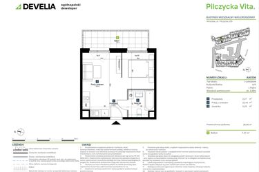 Rzut - Mieszkanie na sprzedaż 1 pokój o powierzchni 28,99 m² - numer AA0106 w Pilczycka Vita