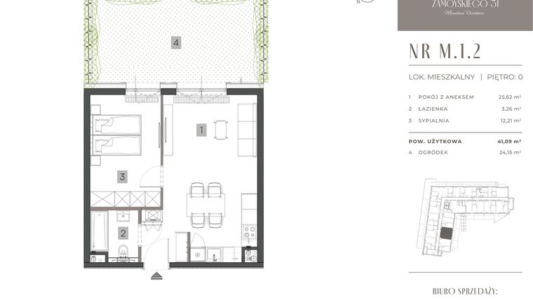 Rzut - Mieszkanie na sprzedaż 2 pokoje o powierzchni 41,09 m² - numer M.1.2 w Zamoyskiego 31
