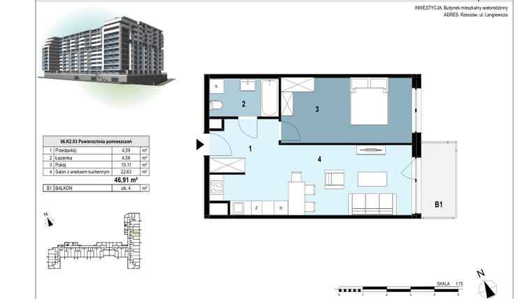 Rzut - Mieszkanie na sprzedaż 2 pokoje o powierzchni 46,91 m² - numer 06.K2.03 w Langiewicza 37