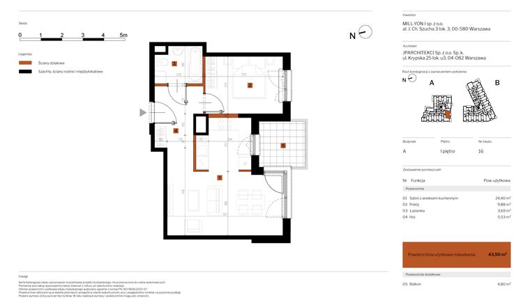 Rzut - Mieszkanie na sprzedaż 2 pokoje o powierzchni 43,5 m² - numer 16 w MY Głębocka
