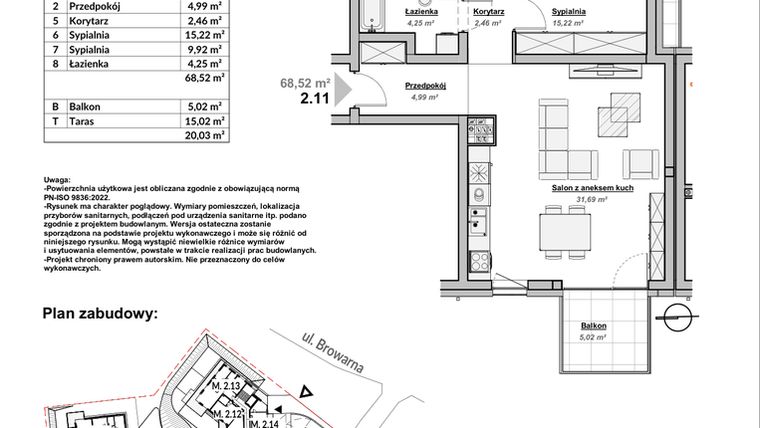 Rzut - Mieszkanie na sprzedaż 3 pokoje o powierzchni 68,52 m² - numer M2.11 w Bulwary Apartamenty