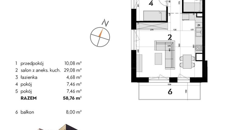 Rzut - Mieszkanie na sprzedaż 3 pokoje o powierzchni 58,76 m² - numer OK-31 w OKI DOKI