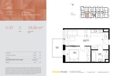 Rzut - Mieszkanie na sprzedaż 2 pokoje o powierzchni 35,9 m² - numer M37_NF.c w Nowe Flisy II