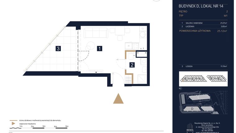Rzut - Mieszkanie na sprzedaż 1 pokój o powierzchni 25,12 m² - numer D14 w Rezydencja Zegrze etap III