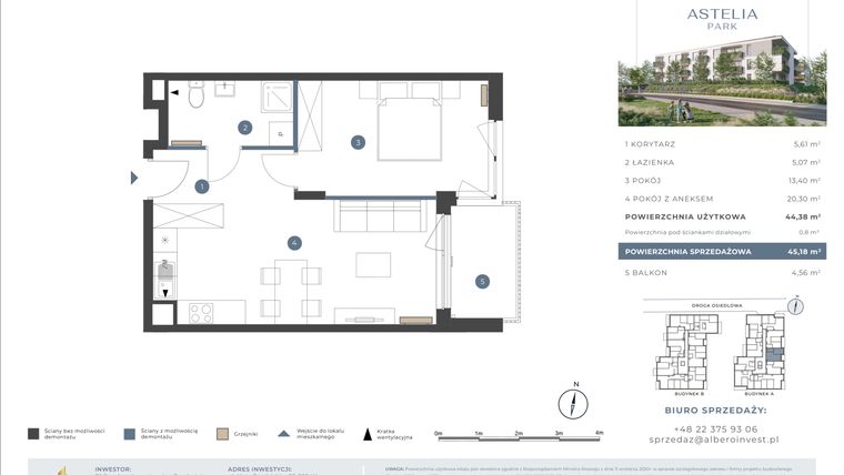 Rzut - Mieszkanie na sprzedaż 2 pokoje o powierzchni 44,38 m² - numer 3.1A.23 w Astelia Park etap 1A i 3