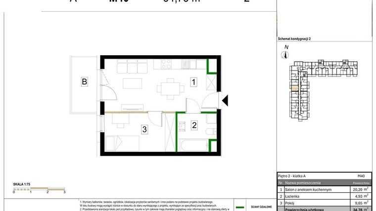 Rzut - Mieszkanie na sprzedaż 2 pokoje o powierzchni 34,78 m² - numer M40 w Zagórskie Tarasy