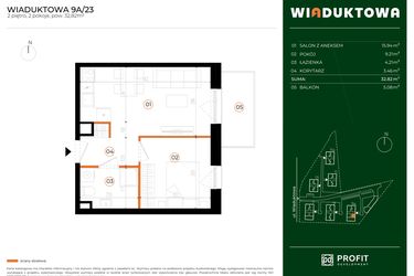 Rzut - Mieszkanie na sprzedaż 2 pokoje o powierzchni 32,82 m² - numer 9A.23 w Wiaduktowa