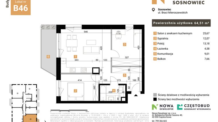 Rzut - Mieszkanie na sprzedaż 3 pokoje o powierzchni 64,51 m² - numer 46 w Nowy Sosnowiec