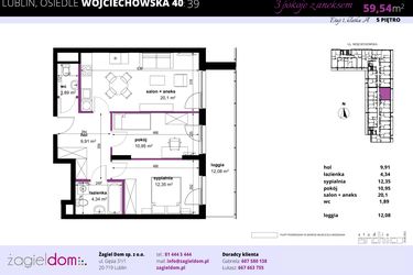 Rzut - Mieszkanie na sprzedaż 3 pokoje o powierzchni 59,54 m² - numer 39 w Wojciechowska Square