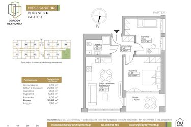 Rzut - Mieszkanie na sprzedaż 3 pokoje o powierzchni 55,87 m² - numer M10 w Ogrody Reymonta