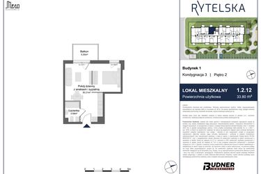 Rzut - Mieszkanie na sprzedaż 1 pokój o powierzchni 33,8 m² - numer 1.2.12 w Rytelska