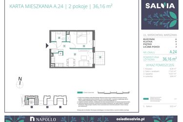 Rzut - Mieszkanie na sprzedaż 2 pokoje o powierzchni 36,16 m² - numer A.24 w Osiedle Salvia