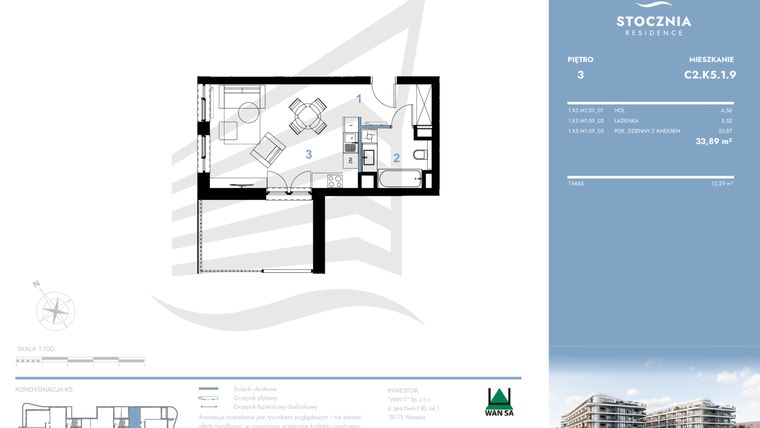 Rzut - Mieszkanie na sprzedaż 1 pokój o powierzchni 33,89 m² - numer C2.K5.1.9 w Stocznia Residence