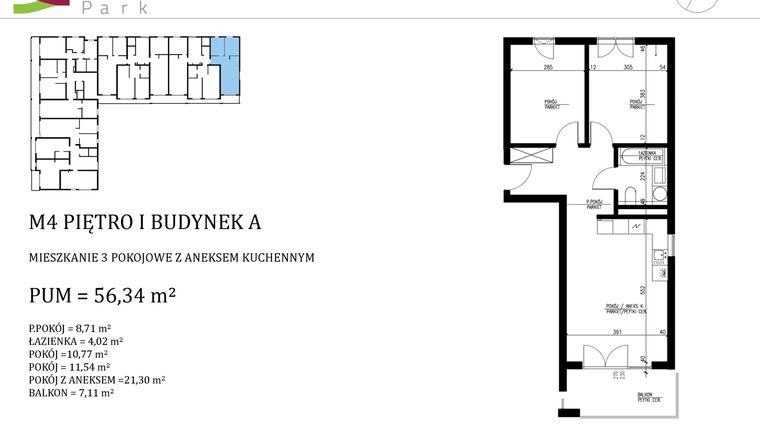 Rzut - Mieszkanie na sprzedaż 3 pokoje o powierzchni 56,34 m² - numer A.4 w Praska Park