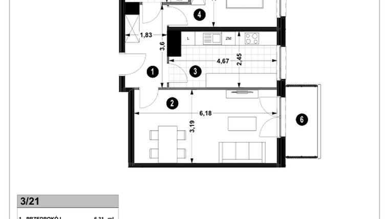 Rzut - Mieszkanie na sprzedaż 2 pokoje o powierzchni 53,16 m² - numer 3A.3/21 w Nowa Winnica