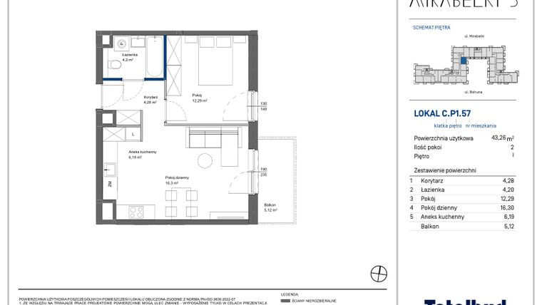Rzut - Mieszkanie na sprzedaż 2 pokoje o powierzchni 43,26 m² - numer C.P1.57 w Mirabelki 5