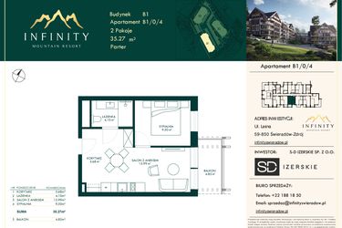 Rzut - Mieszkanie na sprzedaż 2 pokoje o powierzchni 35,27 m² - numer B1/0/4 w Infinity Mountain Resort etap 2