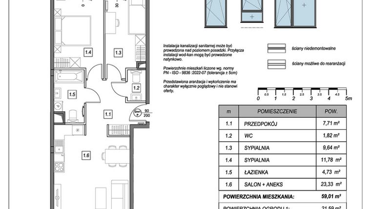 Rzut - Mieszkanie na sprzedaż 3 pokoje o powierzchni 59,01 m² - numer A.1.5 w #NaSwoim2