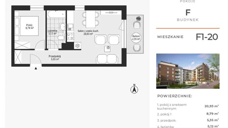 Rzut - Mieszkanie na sprzedaż 2 pokoje o powierzchni 40,19 m² - numer F1-20 w Na Koszutce II