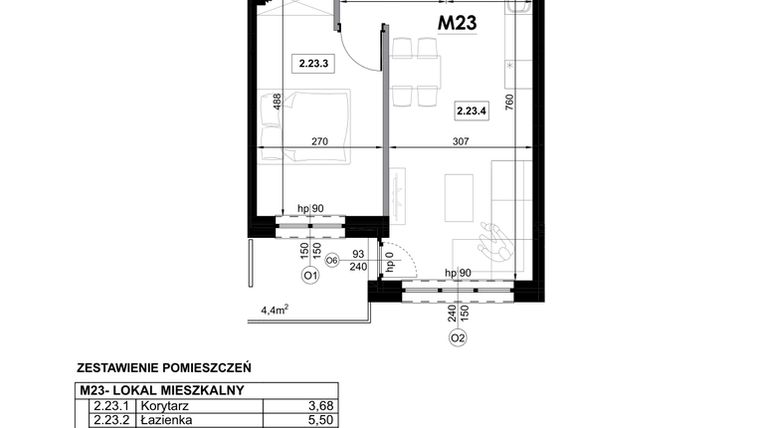 Rzut - Mieszkanie na sprzedaż 2 pokoje o powierzchni 42,88 m² - numer M23 w Miejska Premium II