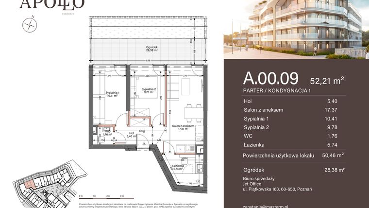 Rzut - Mieszkanie na sprzedaż 2 pokoje o powierzchni 52,21 m² - numer A.0.09 w Apollo Residence