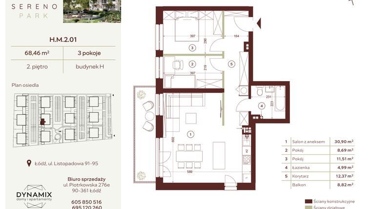 Rzut - Mieszkanie na sprzedaż 3 pokoje o powierzchni 68,46 m² - numer H.M.2.01 w Sereno Park