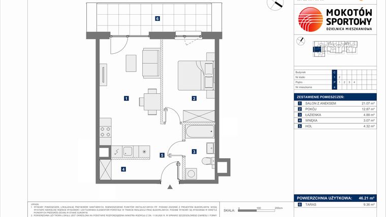 Rzut - Mieszkanie na sprzedaż 2 pokoje o powierzchni 46,21 m² - numer C.4 w Mokotów Sportowy 1.1B