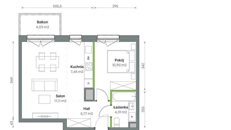 Rzut - Mieszkanie na sprzedaż 2 pokoje o powierzchni 45,42 m² - numer 1/A/2/83 w Oliwska Vita