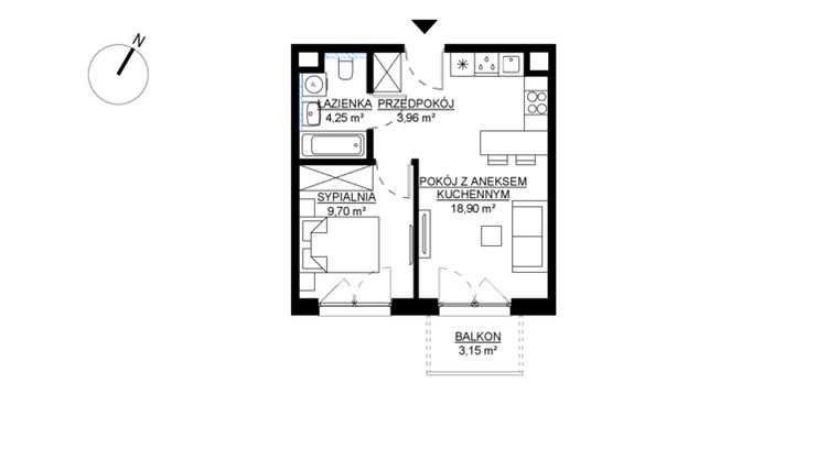 Rzut - Mieszkanie na sprzedaż 2 pokoje o powierzchni 36,81 m² - numer M78 w KWADRAT etap 2