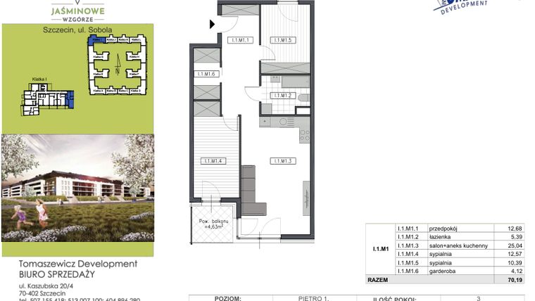 Rzut - Mieszkanie na sprzedaż 3 pokoje o powierzchni 70,19 m² - numer I.1.M1 w Jaśminowe Wzgórze - etap II