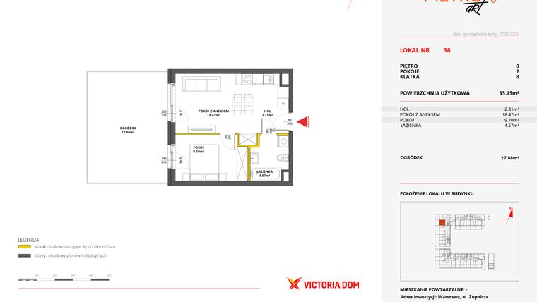 Rzut - Mieszkanie na sprzedaż 2 pokoje o powierzchni 35,15 m² - numer 38 w Metro Art 6