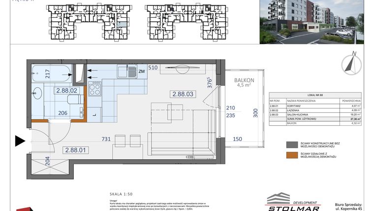 Rzut - Mieszkanie na sprzedaż 1 pokój o powierzchni 27,36 m² - numer 88 w Osiedle Zycha