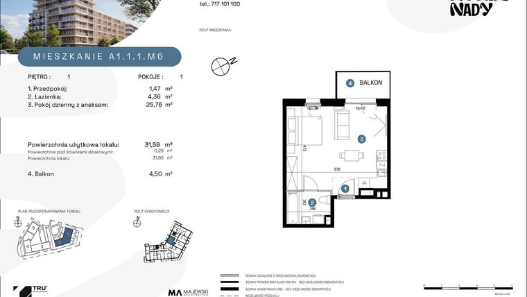 Rzut - Mieszkanie na sprzedaż 1 pokój o powierzchni 31,59 m² - numer A1.1.1.M6 w Nowe Promenady