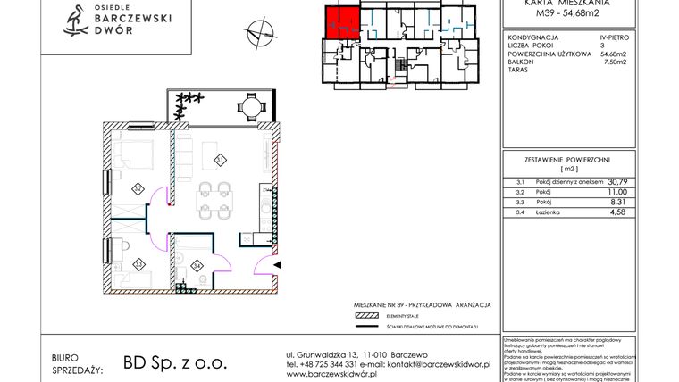 Rzut - Mieszkanie na sprzedaż 3 pokoje o powierzchni 54,68 m² - numer M39 w Osiedle Barczewski Dwór etap III