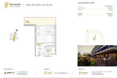 Rzut - Mieszkanie na sprzedaż 1 pokój o powierzchni 31,14 m² - numer H.2.45 w Harmony Resort