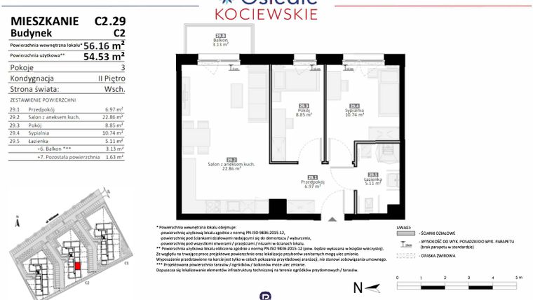 Rzut - Mieszkanie na sprzedaż 3 pokoje o powierzchni 54,53 m² - numer C2.29 w Osiedle Kociewskie etap III