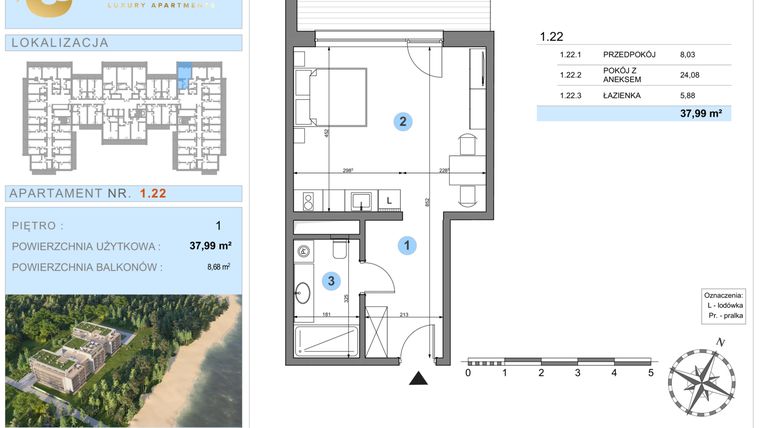 Rzut - Mieszkanie na sprzedaż 1 pokój o powierzchni 37,99 m² - numer 1.22 w Ustronie Luxury Apartments