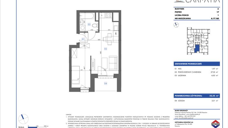 Rzut - Mieszkanie na sprzedaż 1 pokój o powierzchni 33,33 m² - numer A.17.160 w Osiedle Carpatia Etap III