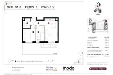Rzut - Mieszkanie na sprzedaż 3 pokoje o powierzchni 52,43 m² - numer D119 w Osiedle Witaj etap II