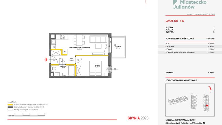 Rzut - Mieszkanie na sprzedaż 2 pokoje o powierzchni 40,58 m² - numer 149 w Miasteczko Julianów