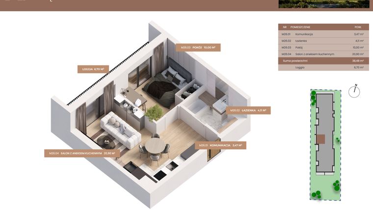 Rzut - Mieszkanie na sprzedaż 2 pokoje o powierzchni 38,48 m² - numer 26 w Apartamenty Częstochowska