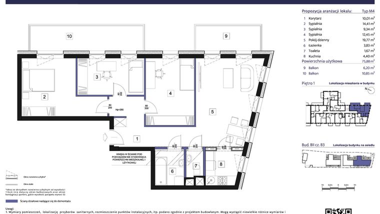 Rzut - Mieszkanie na sprzedaż 4 pokoje o powierzchni 75,88 m² - numer B3 – M1.1 w Primacasa