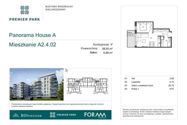 Rzut - Mieszkanie na sprzedaż 2 pokoje o powierzchni 38,5 m² - numer A2.4.02 w Premier Park II